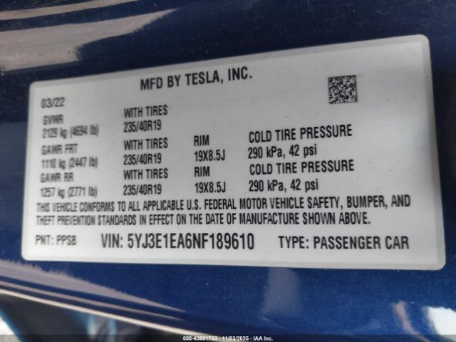 2022 TESLA MODEL 3 5YJ3E1EA6NF189610 Photo 8