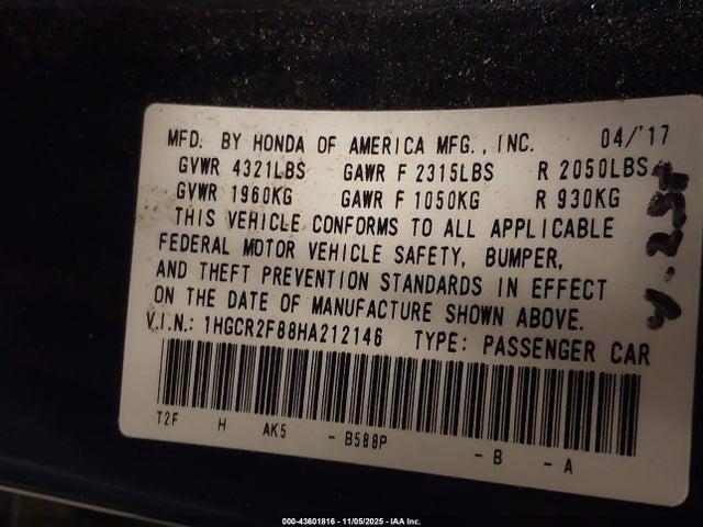 1HGCR2F88HA212146 Honda Accord Ex-l