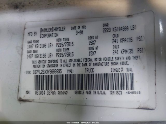 2000 DODGE DAKOTA 1B7FL26X3YS693695 Photo 8