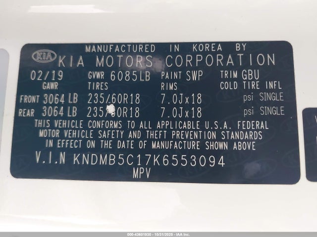 2019 Kia Sedona Ex მანქანა იყიდება აუქციონზე, vin: KNDMB5C17K6553094, აუქციონის ნომერი: 43601930