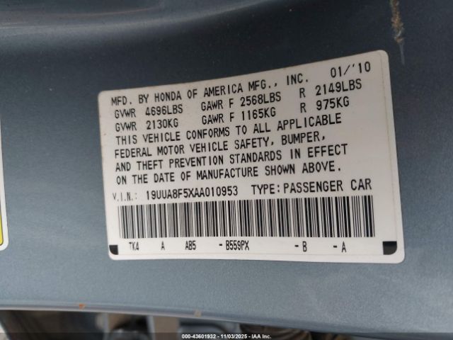 2010 ACURA TL 19UUA8F5XAA010953 Photo 8