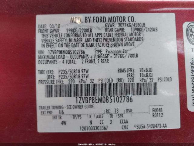 2011 FORD MUSTANG 1ZVBP8EM0B5102786 Photo 8