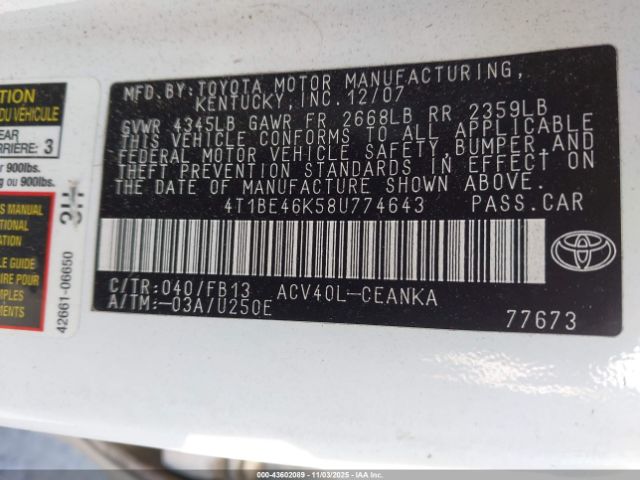 2008 TOYOTA CAMRY 4T1BE46K58U774643 Photo 8