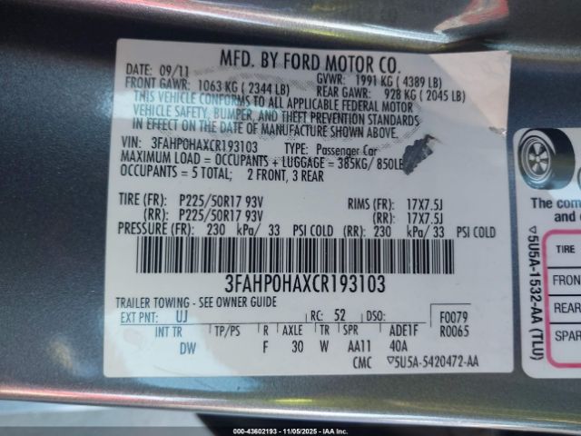 2012 FORD FUSION 3FAHP0HAXCR193103 Photo 8
