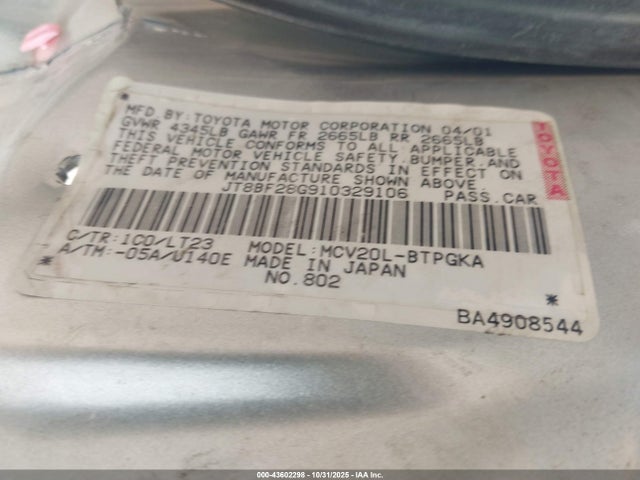 43602298 :رقم المزاد ، JT8BF28G910329106 vin ، 2001 Lexus Es 300 مزاد بيع
