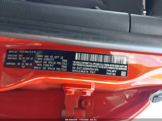 Aukcja sprzedaży 2017 Jeep Renegade Latitude Fwd, vin: ZACCJABB8HPE41976, numer aukcji: 43602340