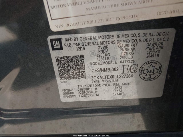 Auction sale of the 2020 Gmc Terrain Sle, vin: 3GKALTEX0LL227364, lot number: 43602396