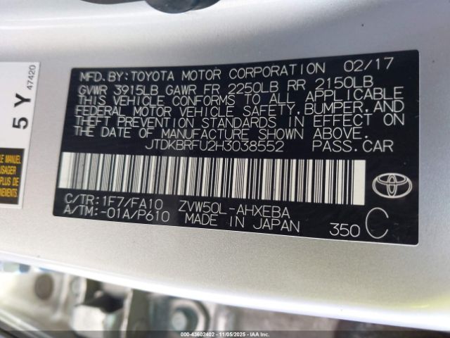 2017 TOYOTA PRIUS JTDKBRFU2H3038552 Photo 8