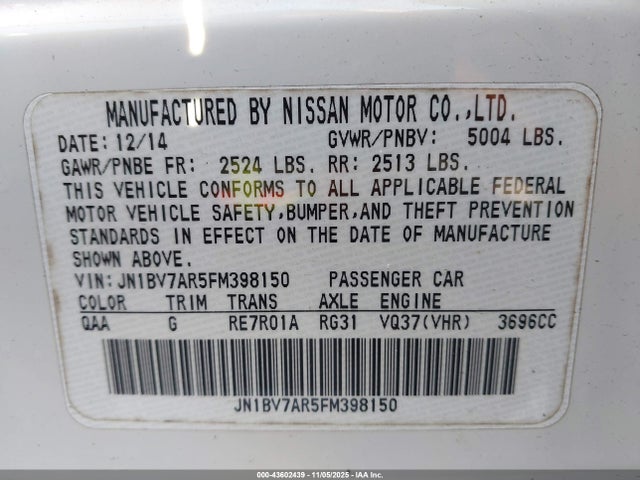 2015 Infiniti Q50 მანქანა იყიდება აუქციონზე, vin: JN1BV7AR5FM398150, აუქციონის ნომერი: 43602439