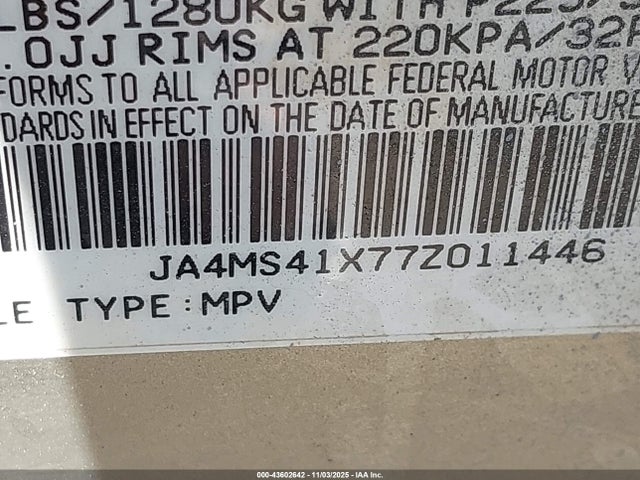 43602642 :رقم المزاد ، JA4MS41X77Z011446 vin ، 2007 Mitsubishi Outlander Xls مزاد بيع