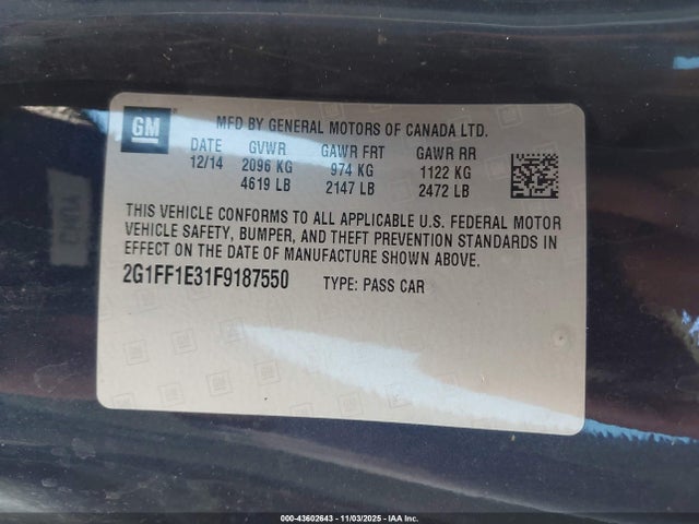 43602643 :رقم المزاد ، 2G1FF1E31F9187550 vin ، 2015 Chevrolet Camaro 2lt مزاد بيع