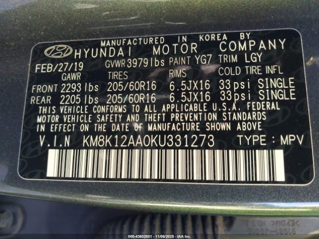 2019 HYUNDAI KONA KM8K12AA0KU331273 Photo 8