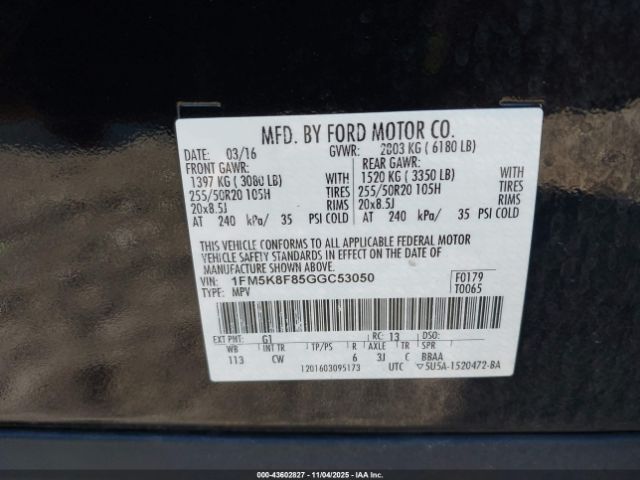 2016 FORD EXPLORER 1FM5K8F85GGC53050 Photo 8