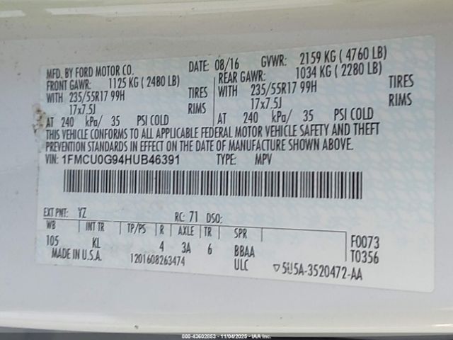 2017 FORD ESCAPE 1FMCU0G94HUB46391 Photo 8