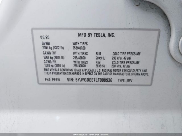 2020 TESLA MODEL Y 5YJYGDEE7LF008936 Photo 8