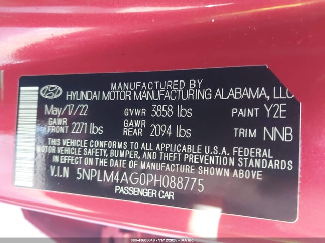 43603049 :رقم المزاد ، 5NPLM4AG0PH088775 vin ، 2023 Hyundai Elantra Sel مزاد بيع