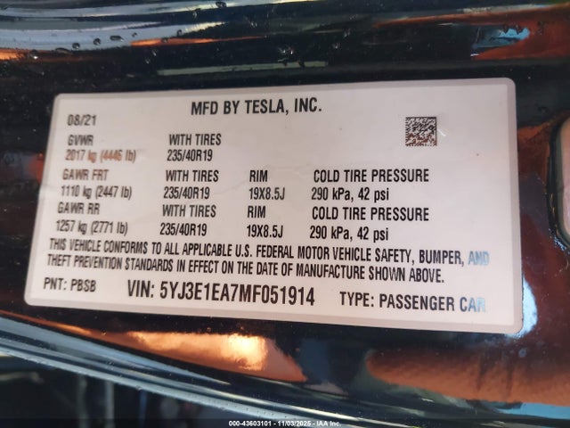 2021 TESLA MODEL 3 5YJ3E1EA7MF051914 Photo 8