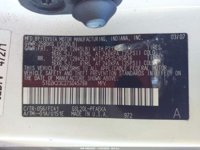 2007 TOYOTA SIENNA 5TDZK23C27S045788 Photo 8