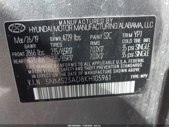 2019 HYUNDAI SANTA FE 5NMS23AD8KH105961 Photo 8