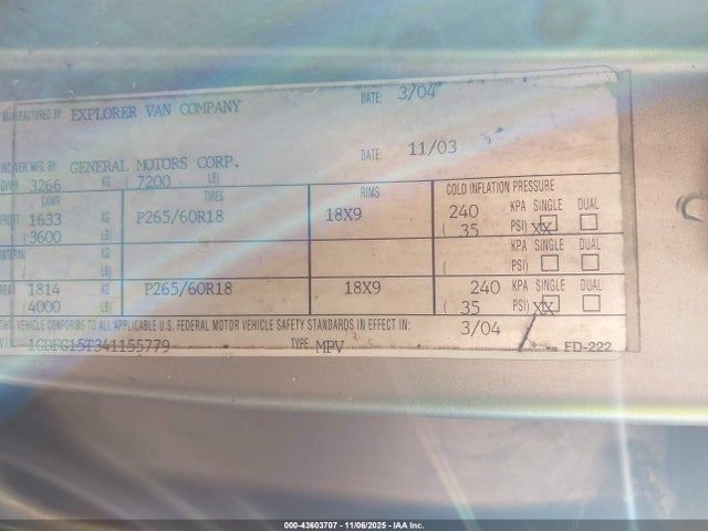 43603707 :رقم المزاد ، 1GDFG15T341155779 vin ، 2004 Gmc Savana Upfitter مزاد بيع