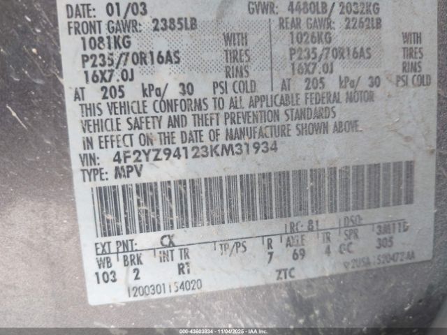 2003 MAZDA TRIBUTE 4F2YZ94123KM31934 Photo 8