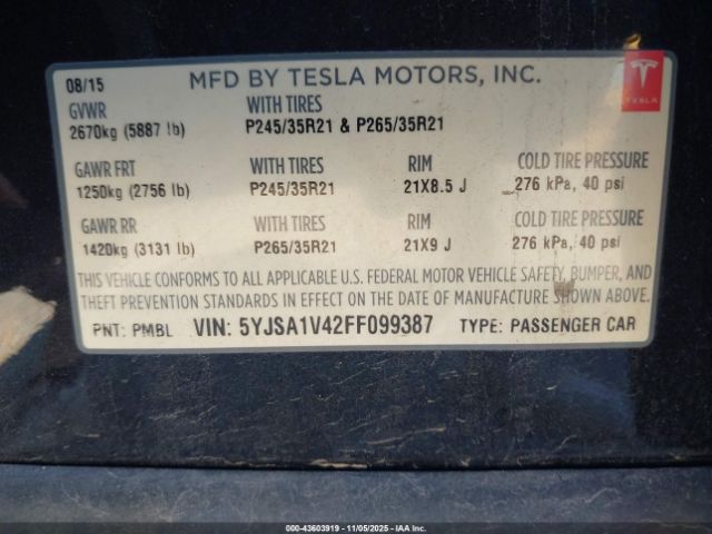 2015 TESLA MODEL S 5YJSA1V42FF099387 Photo 8