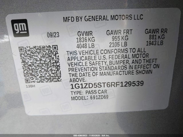 Aukcja sprzedaży 2024 Chevrolet Malibu Fwd 1lt, vin: 1G1ZD5ST6RF129539, numer aukcji: 43603923