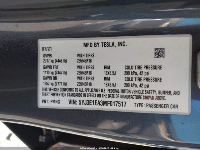 2021 TESLA MODEL 3 5YJ3E1EA3MF017517 Photo 8