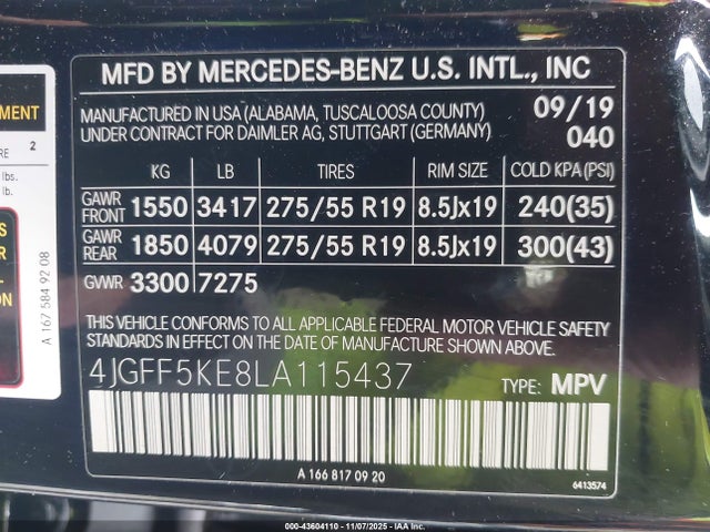 43604110 :رقم المزاد ، 4JGFF5KE8LA115437 vin ، 2020 Mercedes-benz Gls 450 4matic مزاد بيع