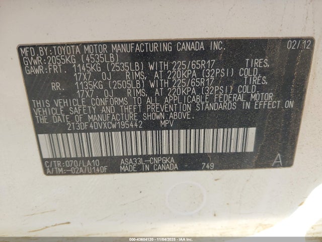 2012 TOYOTA RAV4 2T3DF4DVXCW195442 Photo 8