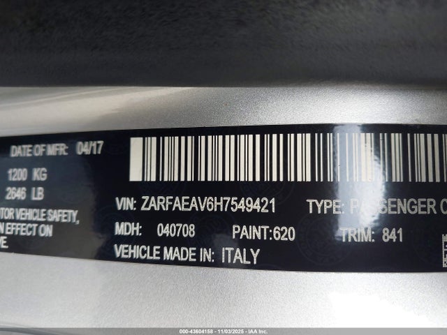 ZARFAEAV6H7549421 Alfa Romeo Giulia Quadrifoglio Rwd