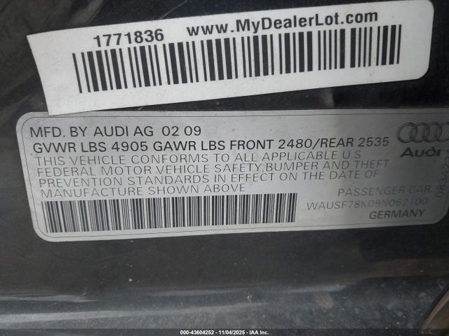 2009 AUDI A4 WAUSF78K09N062100 Photo 8