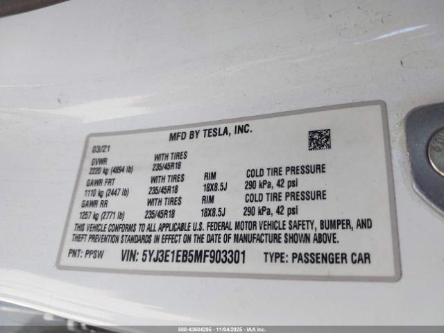 2021 TESLA MODEL 3 5YJ3E1EB5MF903301 Photo 8