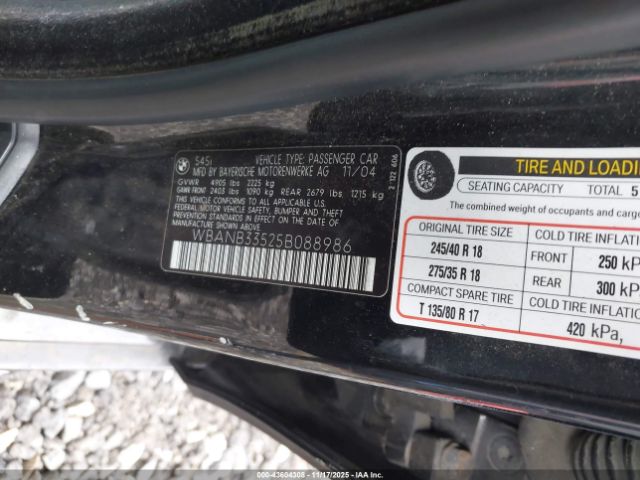 2005 BMW 545I WBANB33555CN63377 Photo 8