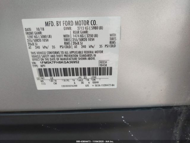 2019 FORD EXPLORER 1FM5K7FH8KGA36952 Photo 8