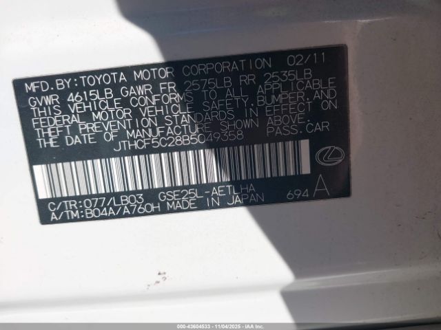 2011 LEXUS IS 250 JTHCF5C28B5049358 Photo 8
