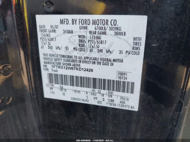 2007 FORD F-150 1FTRX12W67KD12428 Photo 8