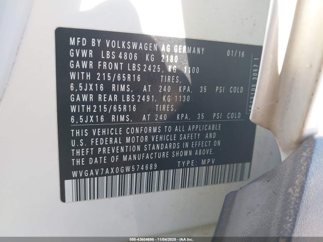 Aukcja sprzedaży 2016 Volkswagen Tiguan S, vin: WVGAV7AX0GW574689, numer aukcji: 43604698