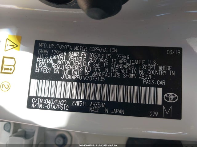 2019 Toyota Prius L Eco/le/limited/xle მანქანა იყიდება აუქციონზე, vin: JTDKARFU1K3079135, აუქციონის ნომერი: 43604756