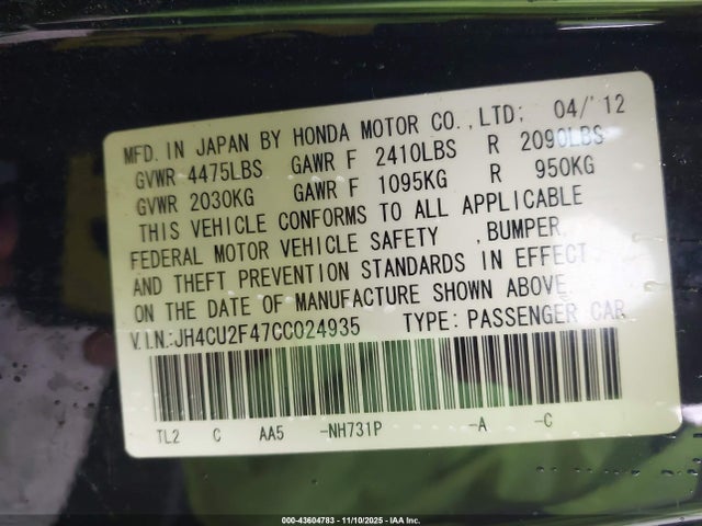 Aukcja sprzedaży 2012 Acura Tsx 2.4, vin: JH4CU2F47CC024935, numer aukcji: 43604783
