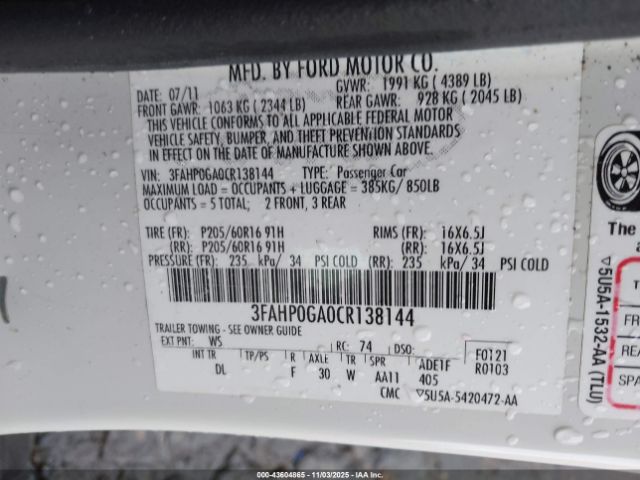 2012 FORD FUSION 3FAHP0GA0CR138144 Photo 8