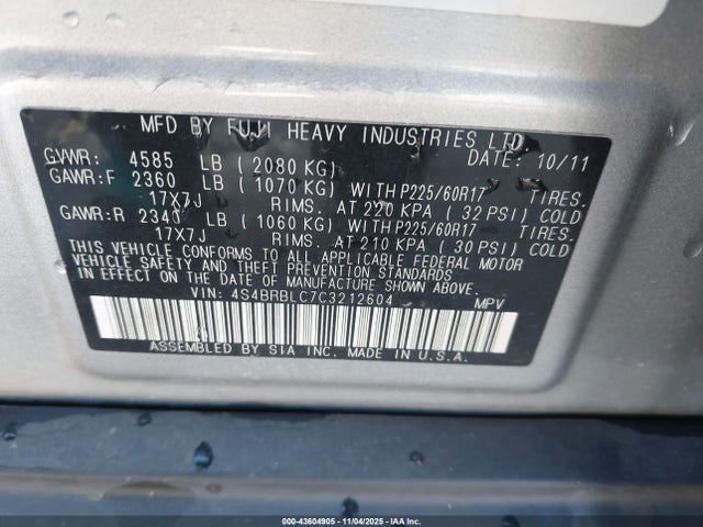 2012 Subaru Outback 2.5i Limited მანქანა იყიდება აუქციონზე, vin: 4S4BRBLC7C3212604, აუქციონის ნომერი: 43604905