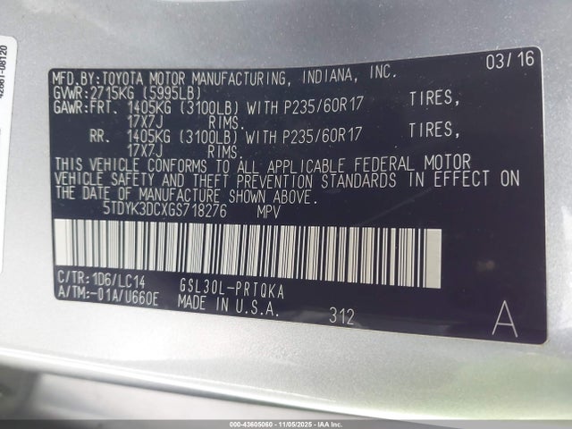 5TDYK3DCXGS718276 Toyota Sienna Xle 8 Passenger