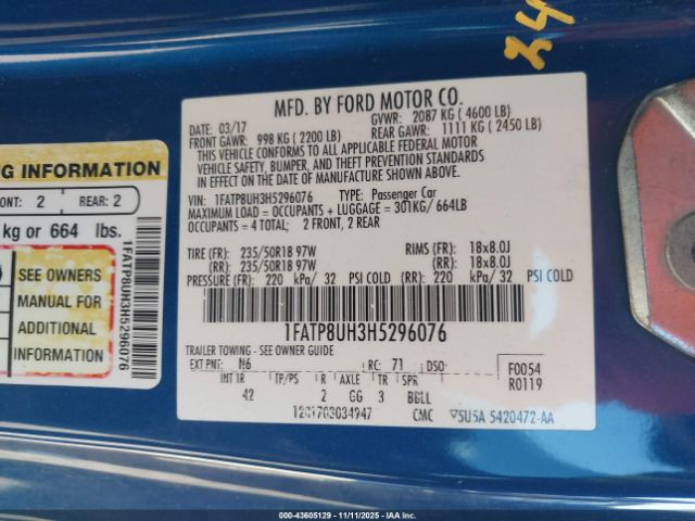 2017 FORD MUSTANG 1FATP8UH3H5296076 Photo 8