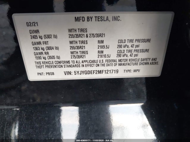 Aukcja sprzedaży 2021 Tesla Model Y Performance Dual Motor All-wheel Drive, vin: 5YJYGDEF2MF121719, numer aukcji: 43605171