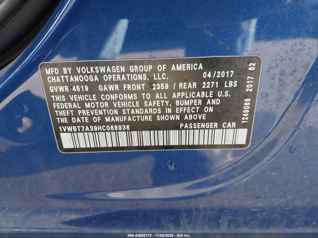 1VWBT7A39HC068936 Volkswagen Passat 1.8t Se