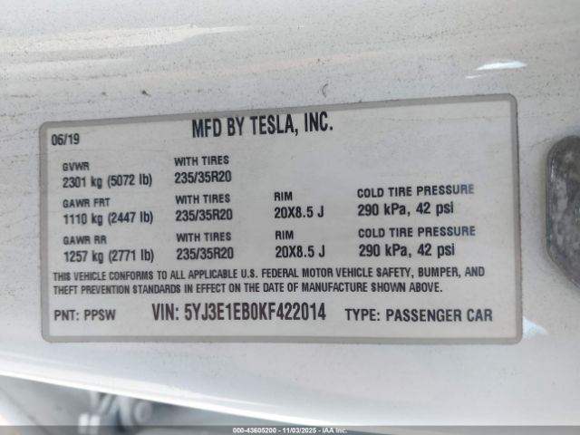 2019 TESLA MODEL 3 5YJ3E1EB0KF422014 Photo 8