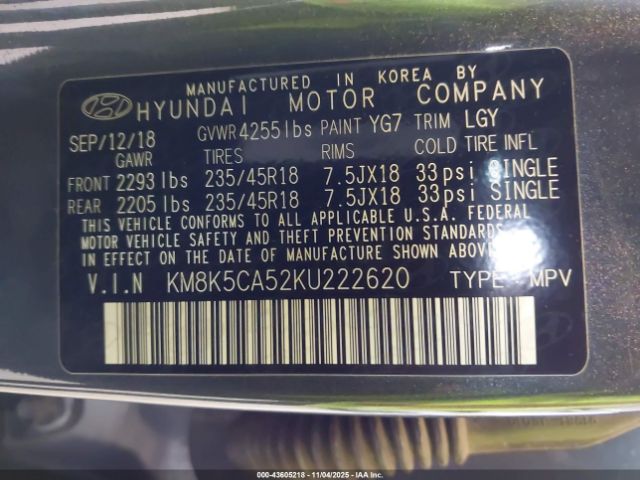 2019 HYUNDAI KONA KM8K5CA52KU222620 Photo 8