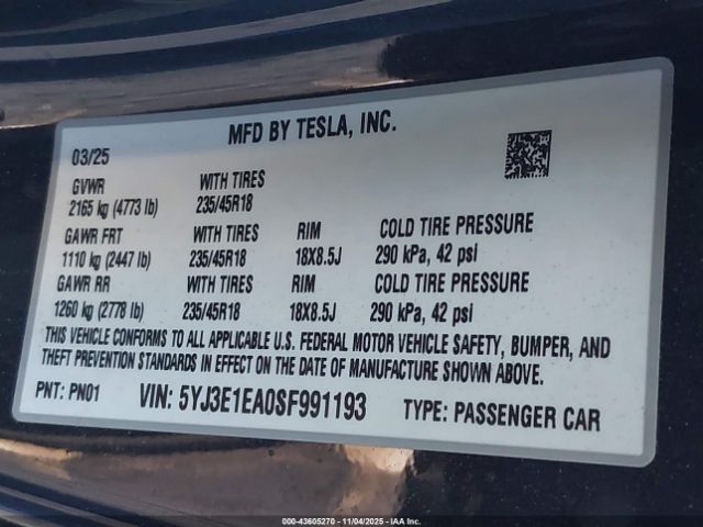 2025 TESLA MODEL 3 5YJ3E1EA0SF991193 Photo 8
