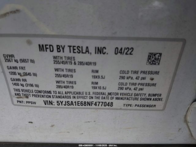 2022 TESLA MODEL S 5YJSA1E68NF477048 Photo 8
